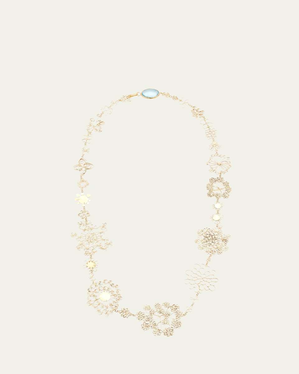 Long Fine Flowery Necklace with Aquamarine Cabochon Clasp